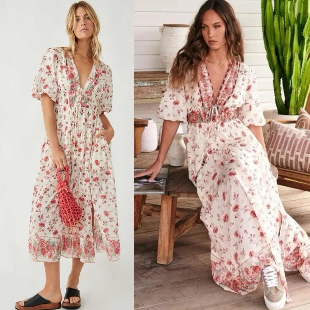 Free People Lysette Maxi Dress in Tea Combo Small Bohemian Gypsy Indian Cotton - Picture 2 of 6